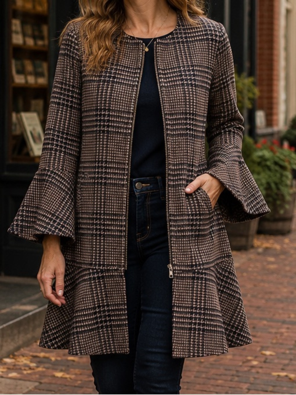 Cabi Plaid Flounce Hem Bell Sleeve Jacket Coat Small
